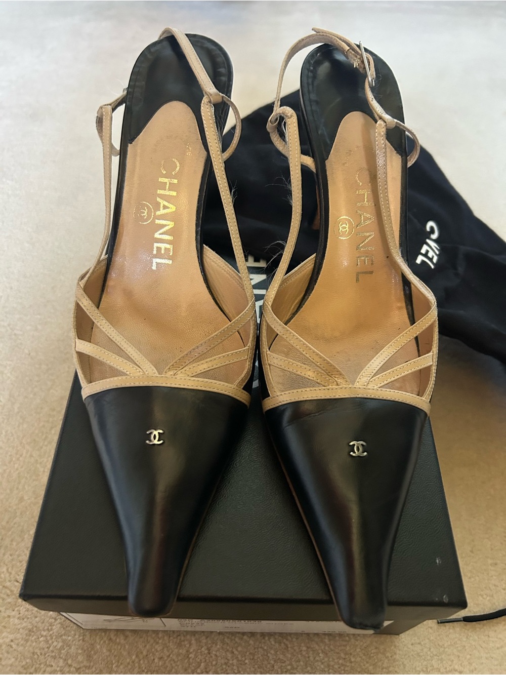 CHANEL Black & Beige Pointed-Toe Slingback Mules